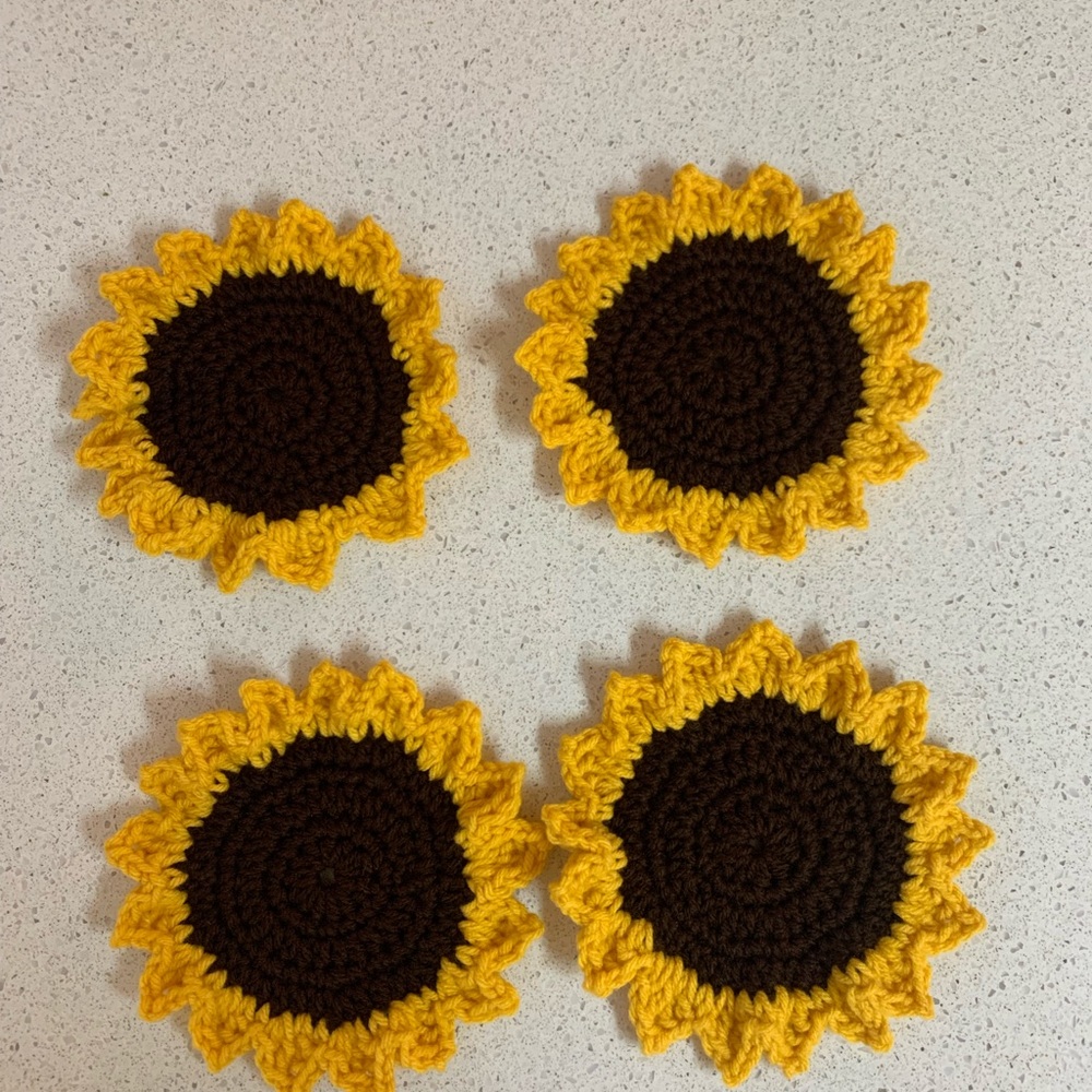 Sunflower Coasters New Set of Four Handmade Crochet 5 1/2” Around
